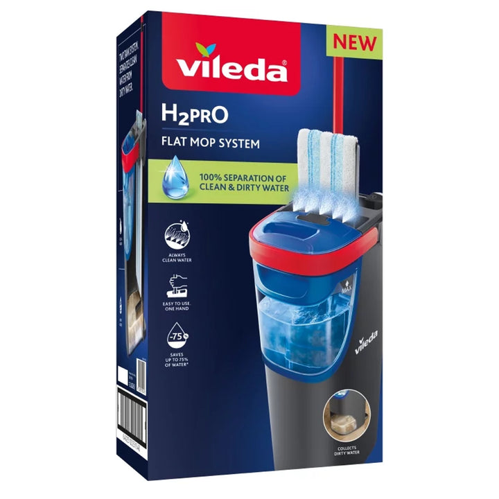 Vileda H2prO mop plat, 100% séparation eau propre/eau sale, deux réservoirs, pad microfibre, embout 360°, 175774