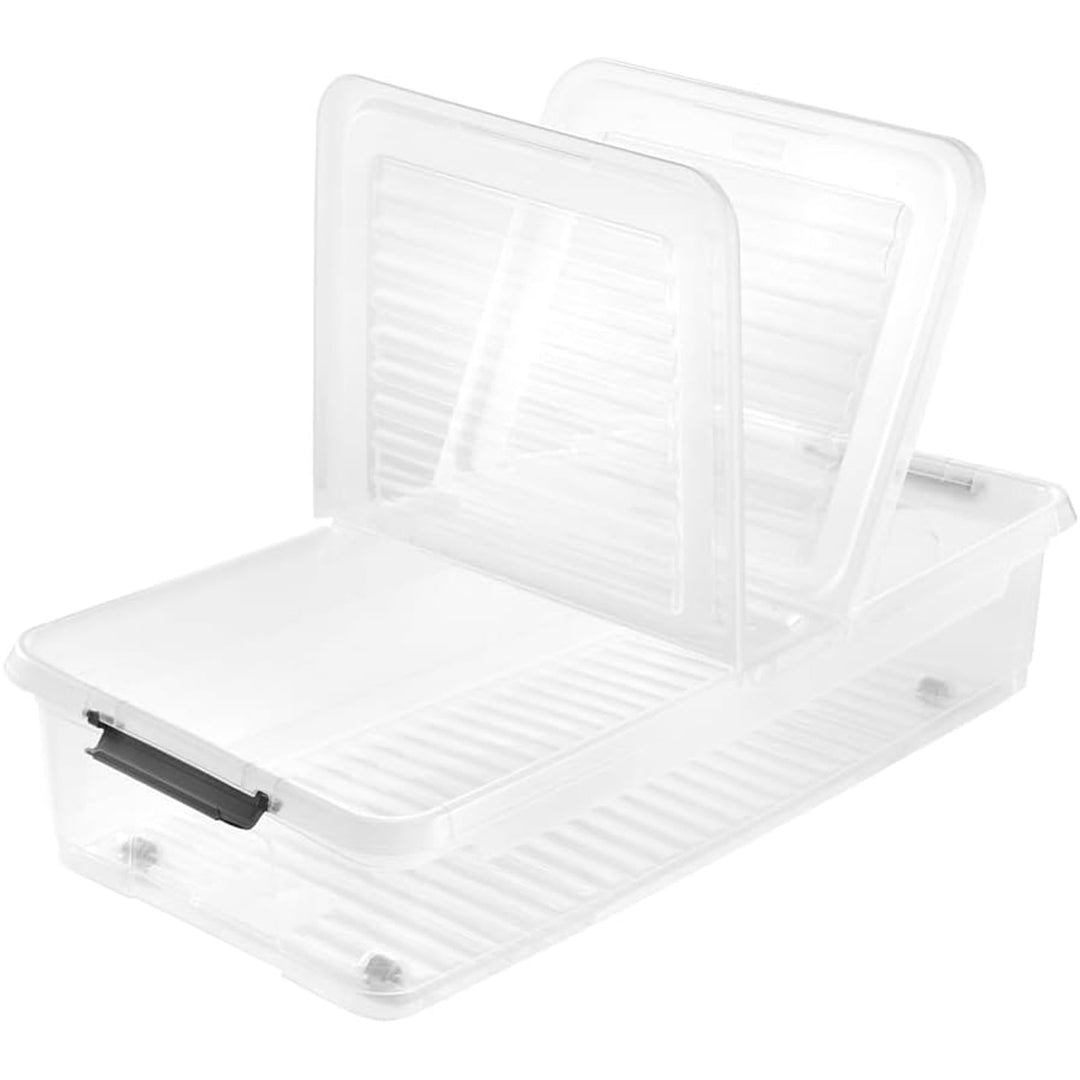 Conteneur Leo Keeeper avec couvercle, capacité 33L, transparent, avec roulettes, couvercle avec clips
