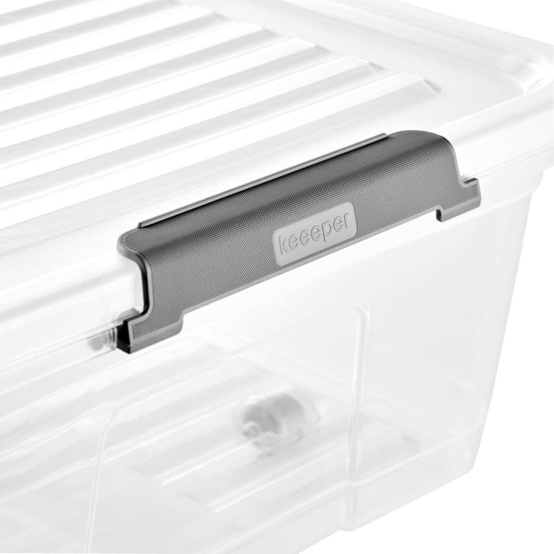 Conteneur Leo Keeeper avec couvercle, capacité 33L, transparent, avec roulettes, couvercle avec clips