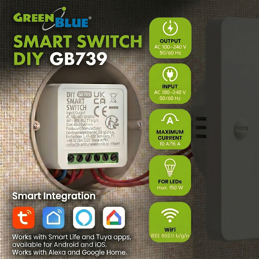 Relais WiFi encastrable GreenBlue, compatible Android/iOS/Alexa/Google Home, 100-240 V CA, 50/60 Hz, max. 16 A, pour LED 150 W, GB739