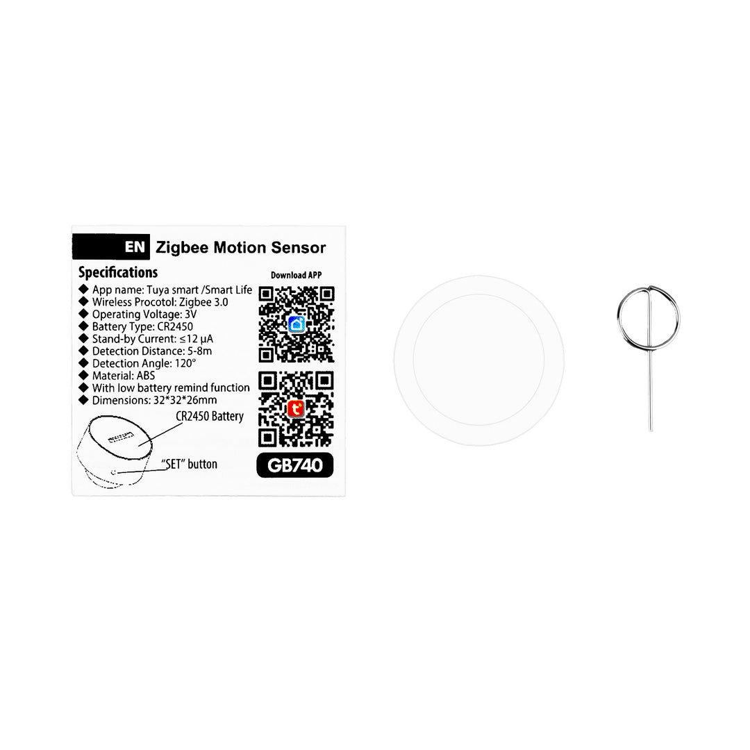 Capteur de mouvement sans fil Zigbee Tuya GreenBlue, Android/iOS, CR2450 DC 3,0 V, angle de détection de 120° / jusqu'à 8 m, GB740