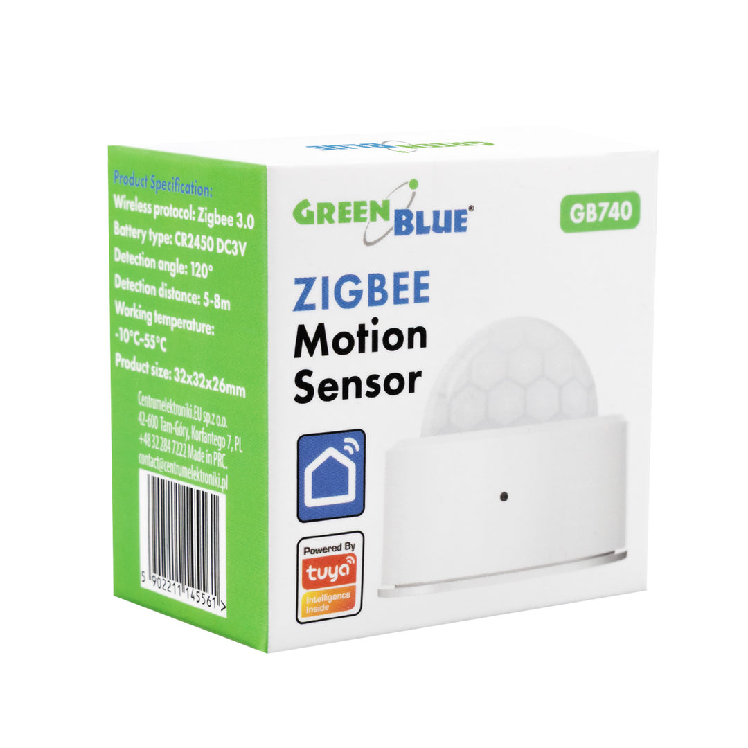 Capteur de mouvement sans fil Zigbee Tuya GreenBlue, Android/iOS, CR2450 DC 3,0 V, angle de détection de 120° / jusqu'à 8 m, GB740