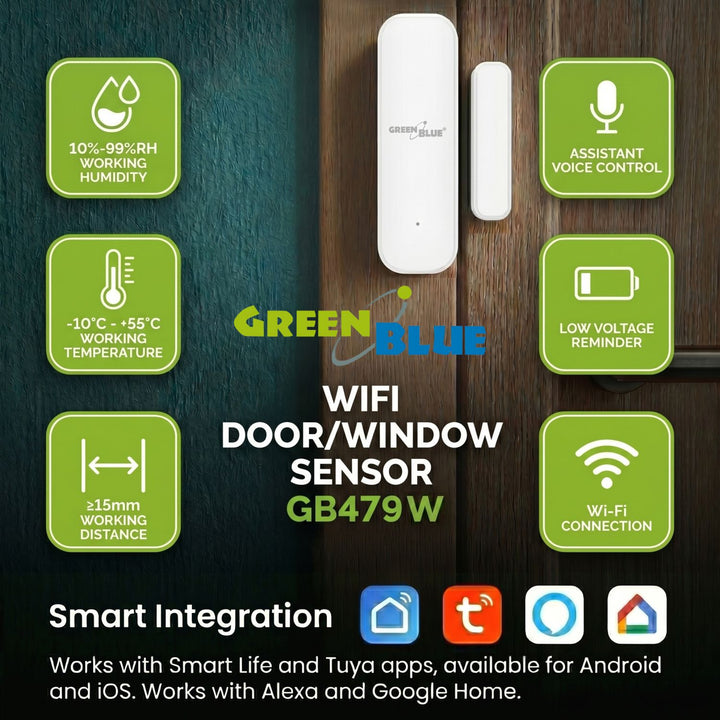 Contacteur sans fil / capteur d'ouverture WiFi GreenBlue, Android/iOS, pour portes / fenêtres, 3,0 V CC, LR03x2, GB479 W