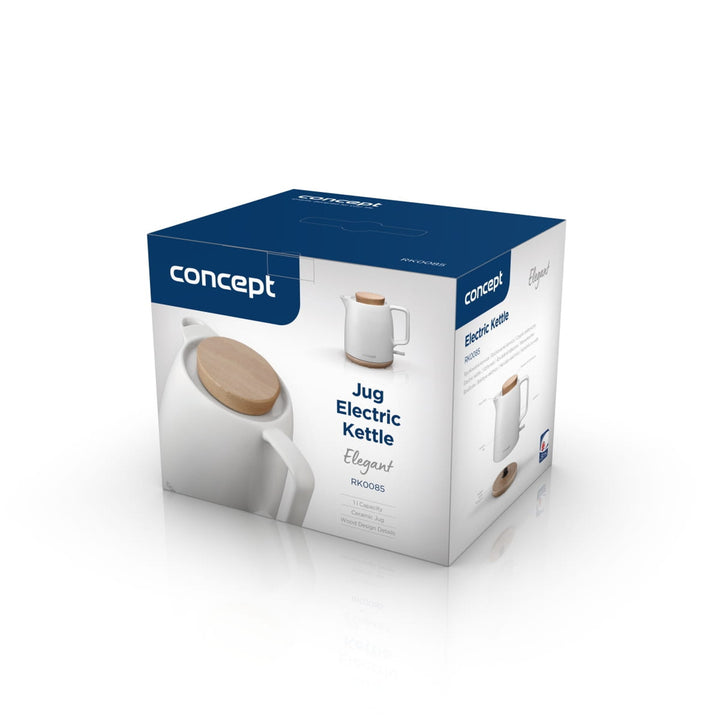 Bouilloire électrique en céramique Concept, capacité 1 L, 1200 W, couleur blanche, connecteur Strix, filtre anti-calcaire, socle rotatif, RK0085