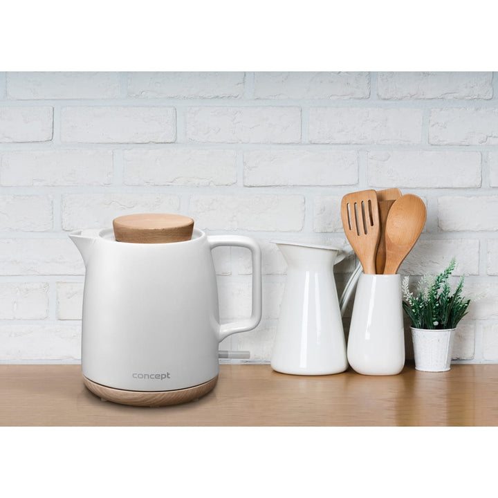 Bouilloire électrique en céramique Concept, capacité 1 L, 1200 W, couleur blanche, connecteur Strix, filtre anti-calcaire, socle rotatif, RK0085