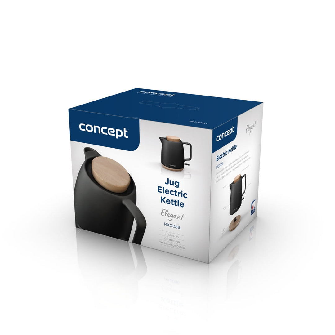 Bouilloire électrique en céramique Concept, capacité 1 L, 1200 W, couleur noire, connecteur Strix, filtre anti-calcaire, socle rotatif, RK0086