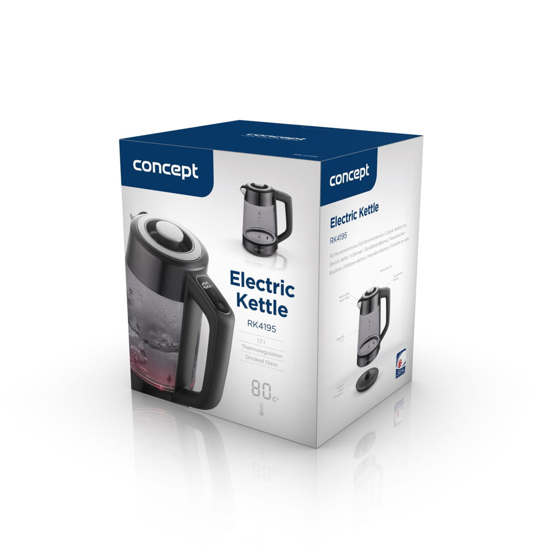 Bouilloire électrique en verre Concept, capacité 1,7 L, puissance 1850-2200 W, couleur noire, connecteur Strix, réglage de la température, commande numérique, RK4195