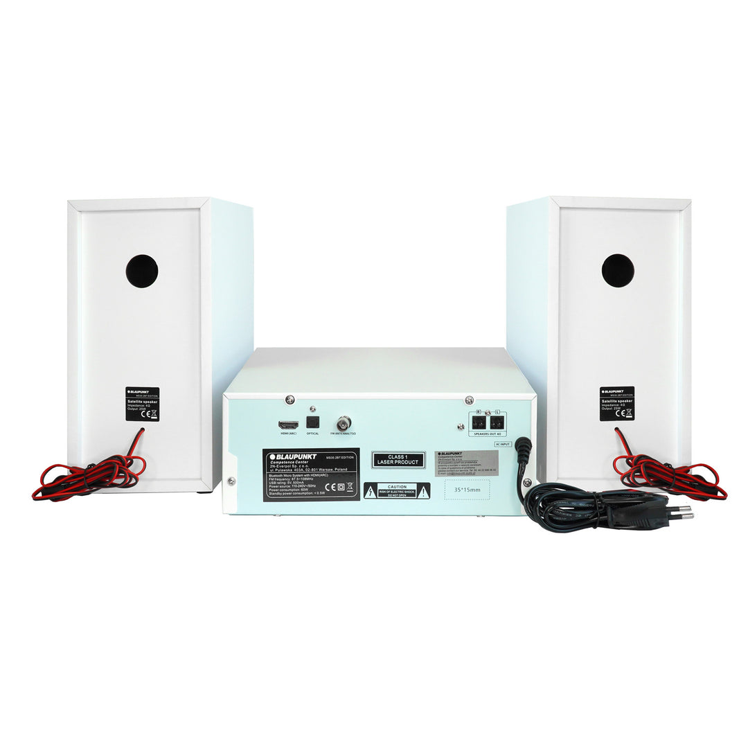 Microchaîne Blaupunkt, puissance 150 W, radio FM, prise AUX et connecteur USB, Bluetooth, entrée HDMI, horloge avec alarme, écran LED, couleur blanche, MS30.02BT