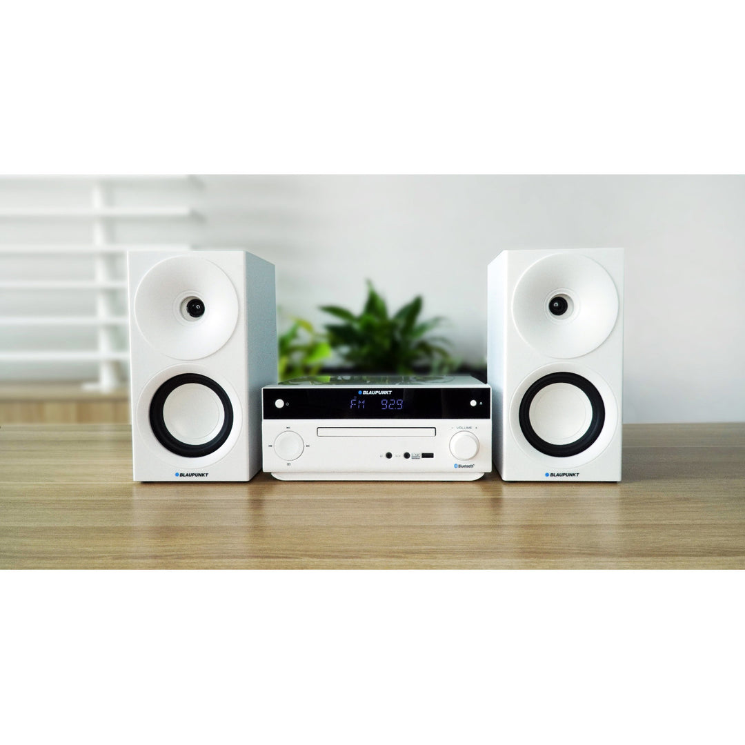 Microchaîne Blaupunkt, puissance 150 W, radio FM, prise AUX et connecteur USB, Bluetooth, entrée HDMI, horloge avec alarme, écran LED, couleur blanche, MS30.02BT