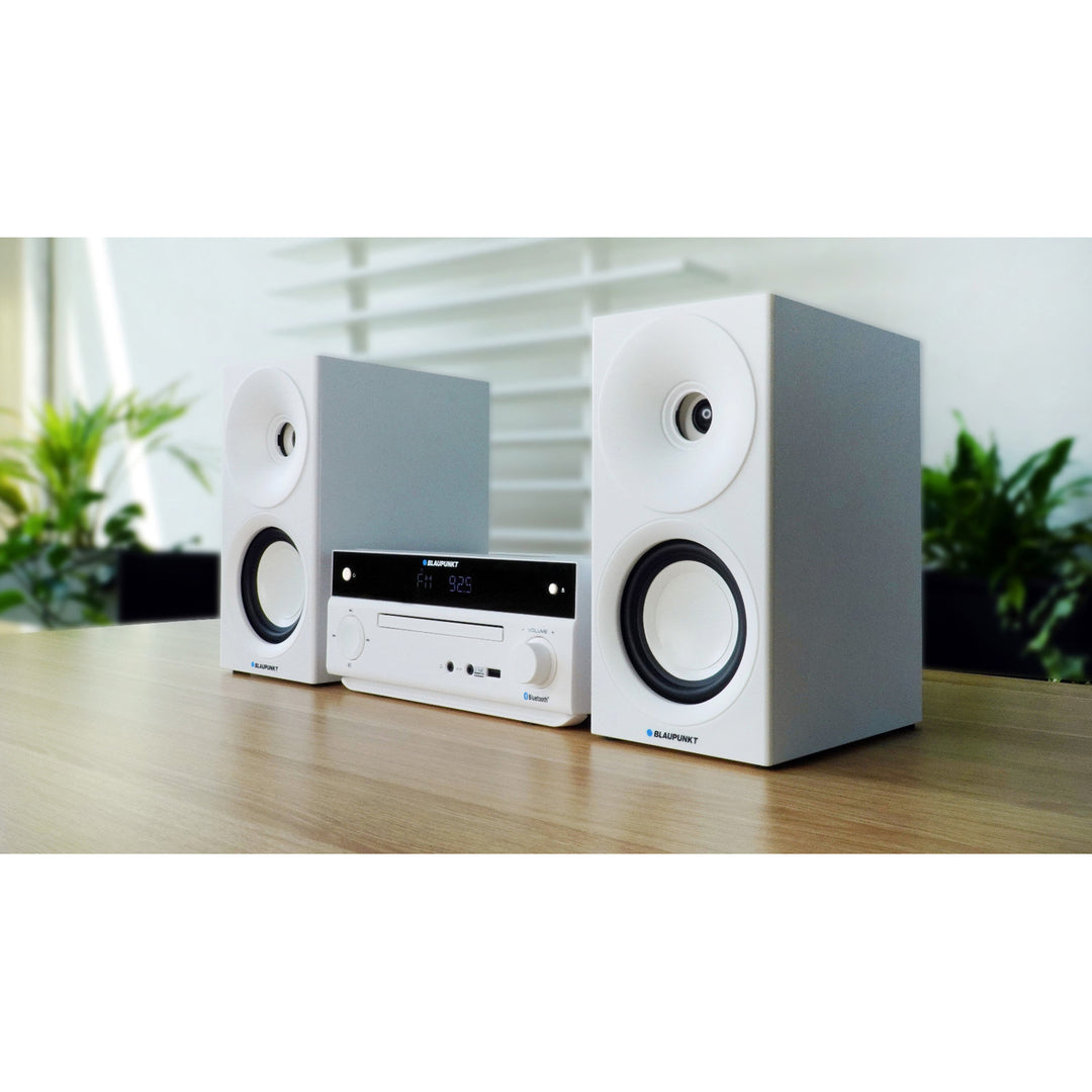 Microchaîne Blaupunkt, puissance 150 W, radio FM, prise AUX et connecteur USB, Bluetooth, entrée HDMI, horloge avec alarme, écran LED, couleur blanche, MS30.02BT