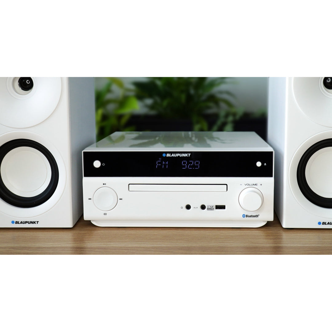 Microchaîne Blaupunkt, puissance 150 W, radio FM, prise AUX et connecteur USB, Bluetooth, entrée HDMI, horloge avec alarme, écran LED, couleur blanche, MS30.02BT