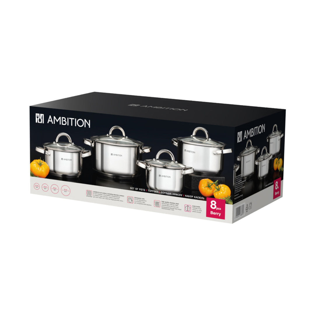 Set de casseroles Ambition, acier inoxydable, 8 pièces, fond épais, Berry