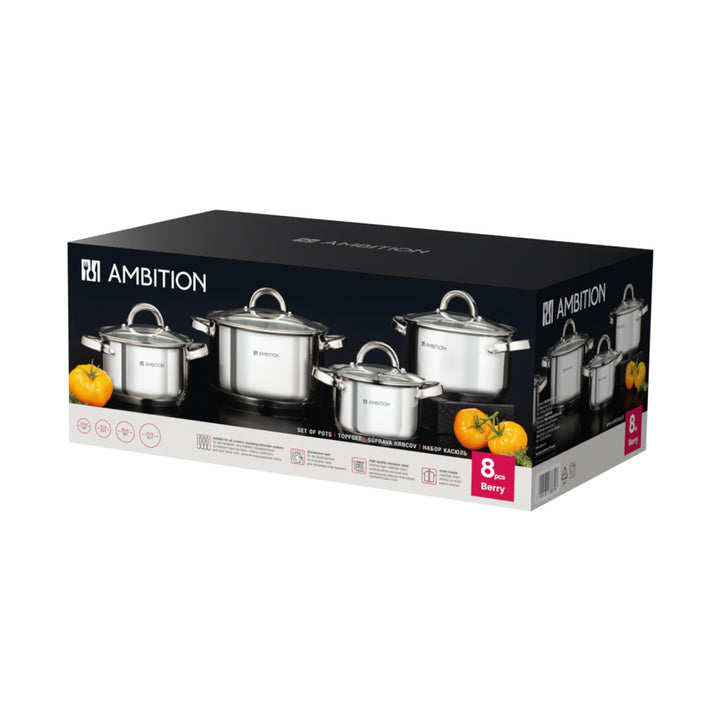 Set de casseroles Ambition, acier inoxydable, 8 pièces, fond épais, Berry
