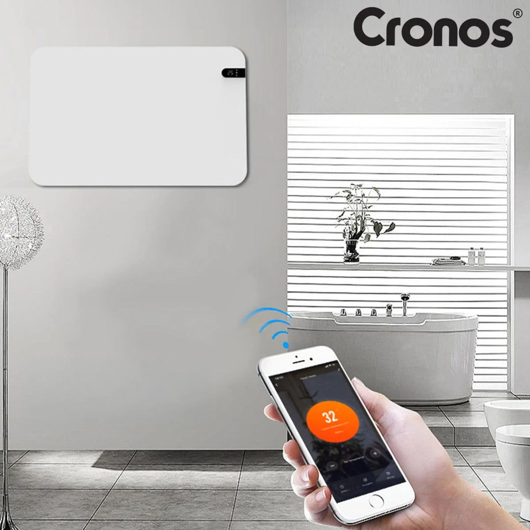 Radiateur électrique Cronos, couleur blanche, puissance 450 W, chauffe une pièce jusqu'à 14 m², thermostat intégré, commande par télécommande, fonction de détection de fenêtre ouverte, pieds inclus, WFH-450TW