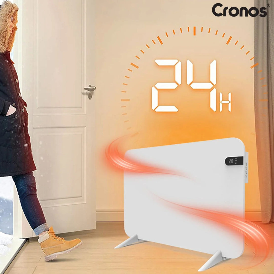 Radiateur électrique Cronos, couleur blanche, puissance 450 W, chauffe une pièce jusqu'à 14 m², thermostat intégré, commande par télécommande, fonction de détection de fenêtre ouverte, pieds inclus, WFH-450TW