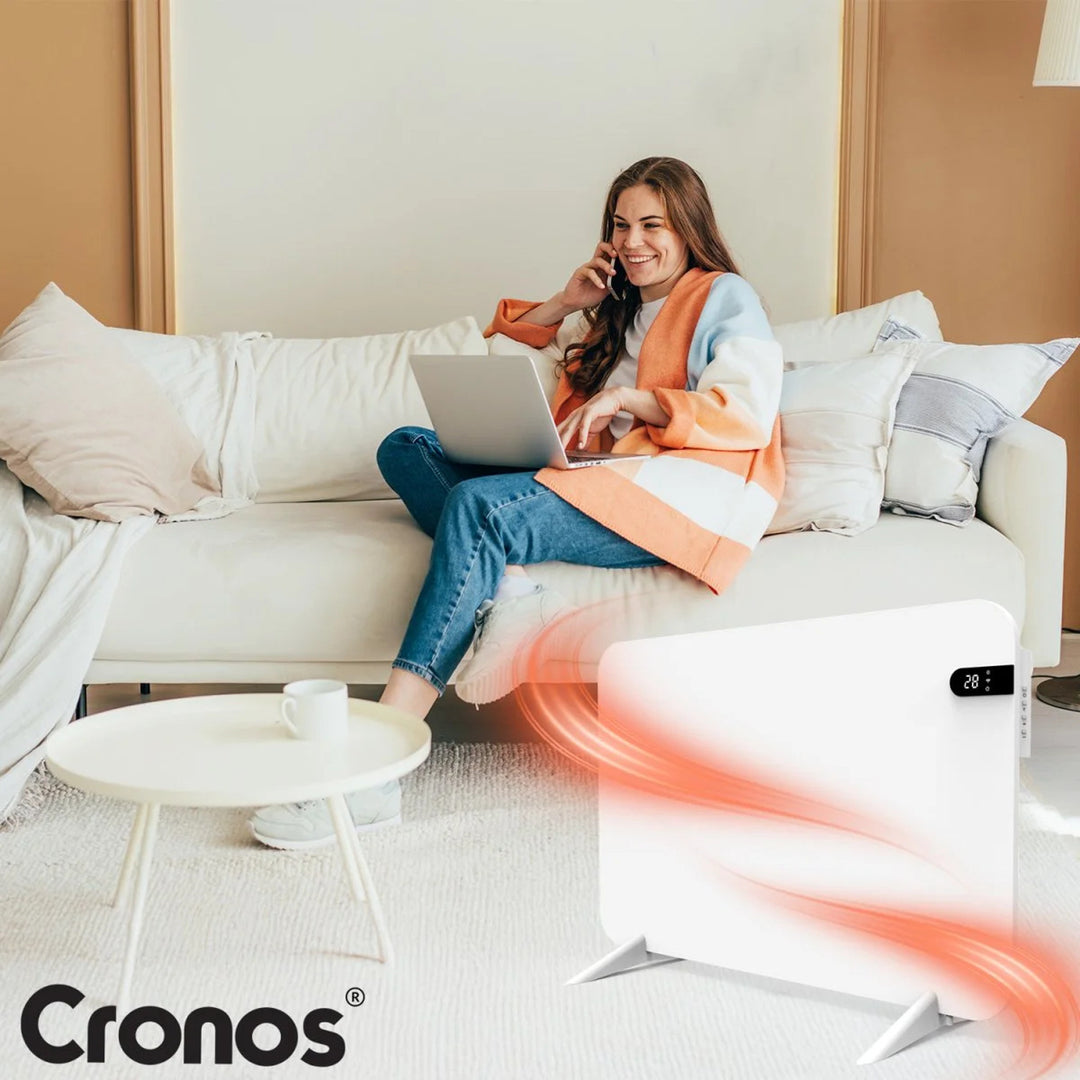 Radiateur électrique Cronos, couleur blanche, puissance 450 W, chauffe une pièce jusqu'à 14 m², thermostat intégré, commande par télécommande, fonction de détection de fenêtre ouverte, pieds inclus, WFH-450TW