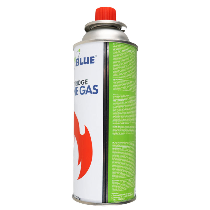 Cartouche de gaz GreenBlue 227 g. Certificat : Pi 0875, conforme à la norme EN 417, butane, plage de fonctionnement : -10 °C à +40 °C, GB227