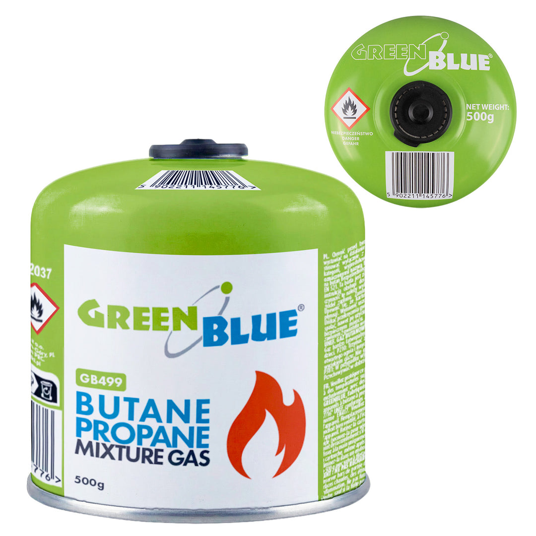 Cartouche de gaz GreenBlue de 500 g. Certification : Pi 0437, conforme à la norme EN 417, butane-propane, plage de température de -10 °C à +40 °C, raccord fileté 7/16'' GB499