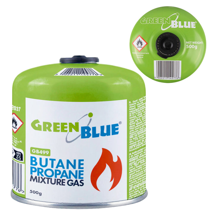 Cartouche de gaz GreenBlue de 500 g. Certification : Pi 0437, conforme à la norme EN 417, butane-propane, plage de température de -10 °C à +40 °C, raccord fileté 7/16'' GB499