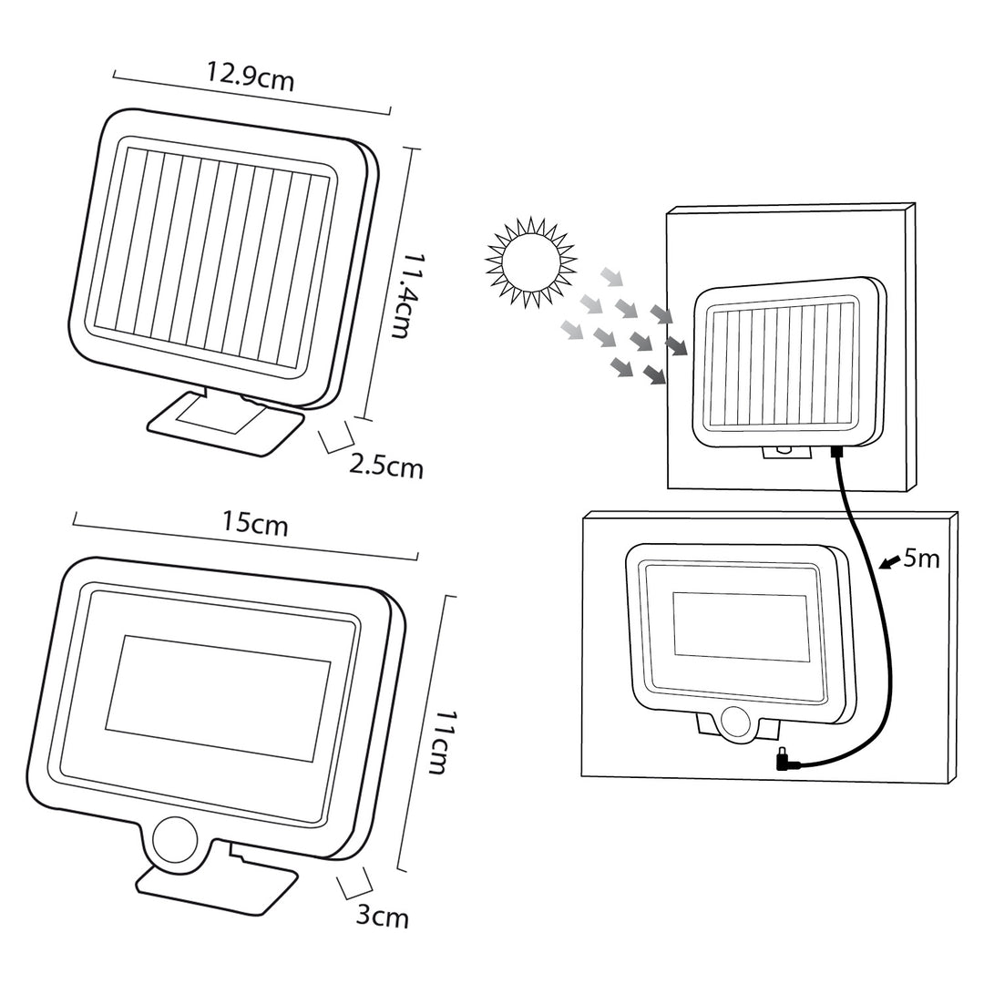 Projecteur solaire LED avec détecteur de mouvement Maclean, IP44, 5 W, 400 lm, 6000 K, batterie lithium 1300 mAh, 5,5 V CC MCE438, 4 pièces