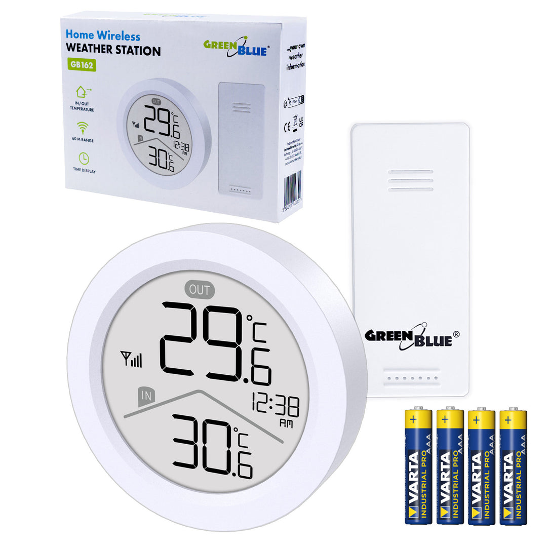 Station météo sans fil GreenBlue, température IN/OUT, horloge, choix entre °C / °F, portée jusqu'à 60 m, GB162, 4 piles AAA