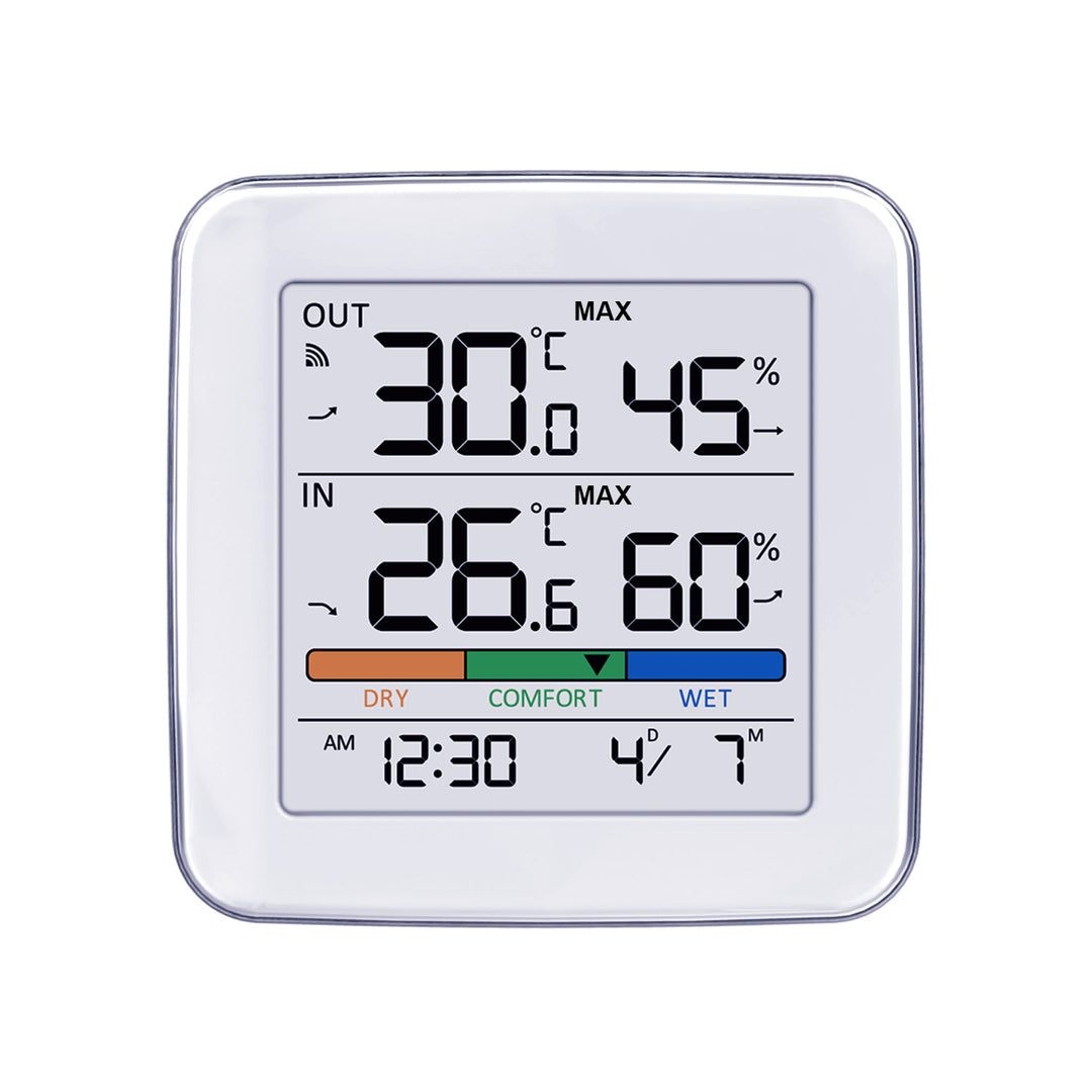 Station météo sans fil GreenBlue, température + humidité IN/OUT, horloge + alarme + date, choix entre °C / °F, portée jusqu'à 60 m, GB169, 4 piles AAA