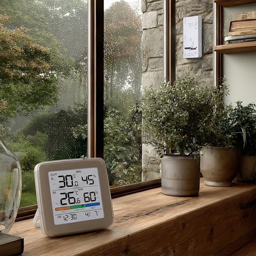 Station météo sans fil GreenBlue, température + humidité IN/OUT, horloge + alarme + date, choix entre °C / °F, portée jusqu'à 60 m, GB169, 4 piles AAA