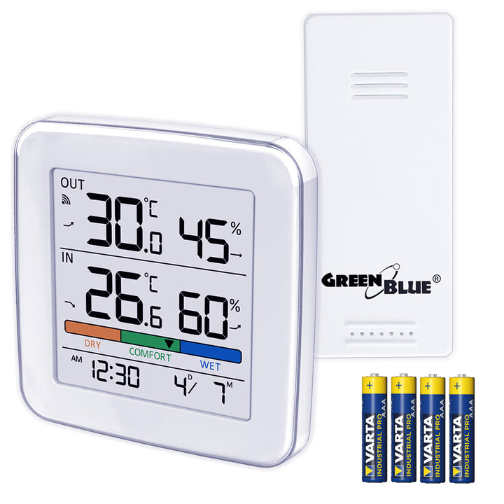 Station météo sans fil GreenBlue, température + humidité IN/OUT, horloge + alarme + date, choix entre °C / °F, portée jusqu'à 60 m, GB169, 4 piles AAA