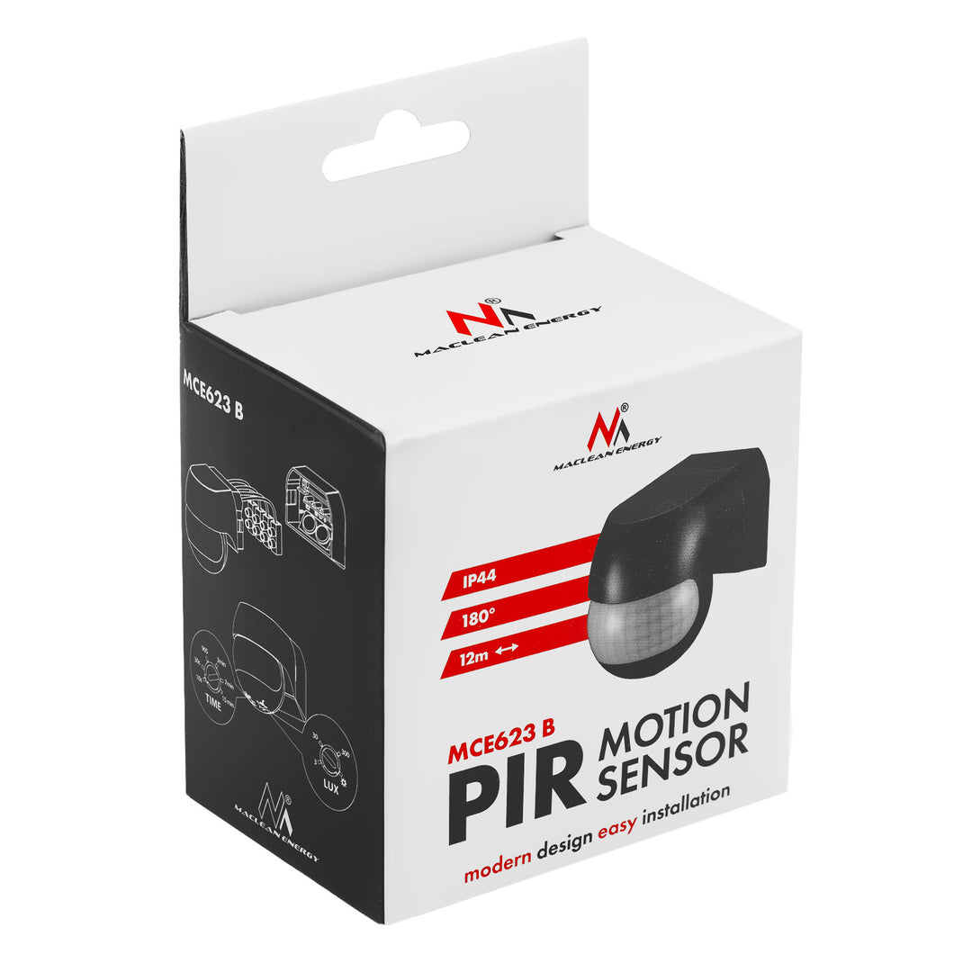 Détecteur de mouvement PIR 12-24 V Maclean, infrarouge, IP44, noir, portée de 12 m, charge max. 60/120 W, MCE623 B