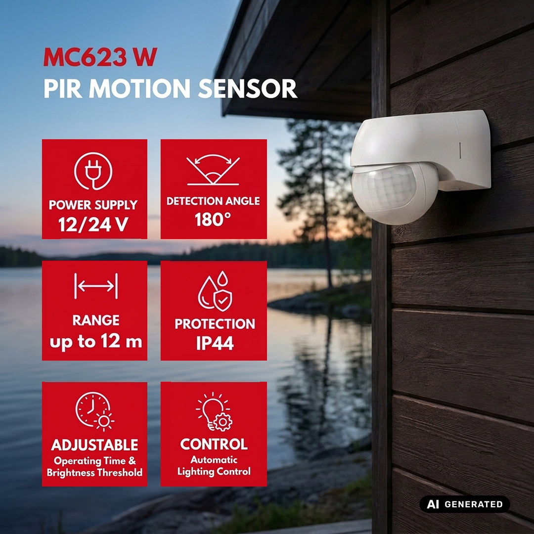 Détecteur de mouvement PIR 12-24 V Maclean, infrarouge, IP44, blanc, portée de 12 m, charge max. 60/120 W, MCE623 W