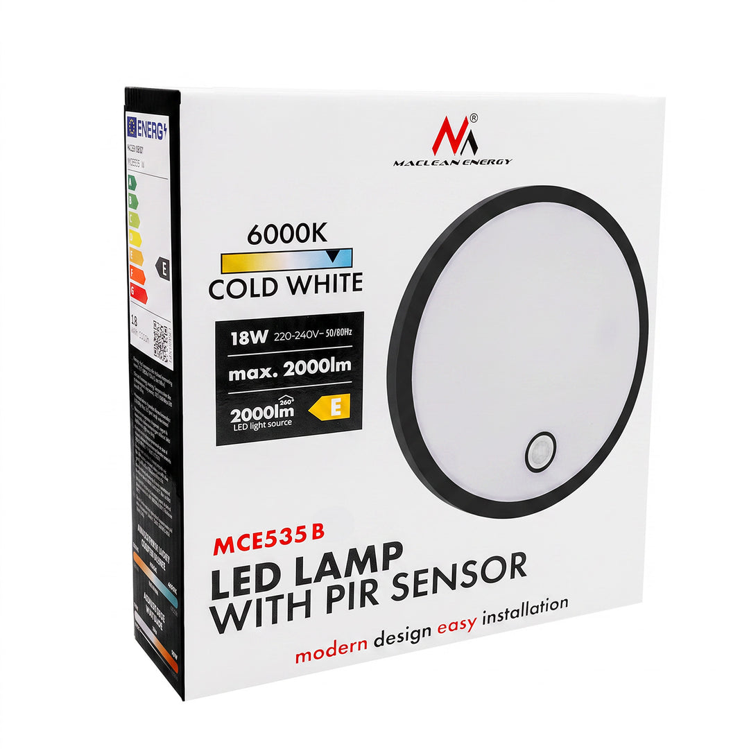 Lampe LED avec détecteur de mouvement Maclean, capteur PIR, noire, 10 W/15 W/18 W, IP65, couleur réglable 3 000/4 000/6 000 K, MCE535 B