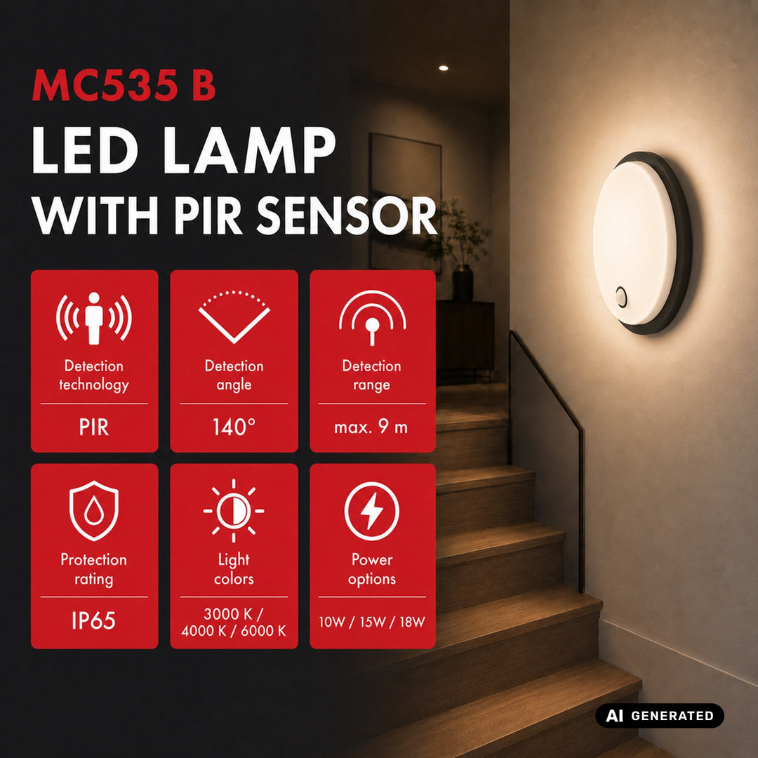 Lampe LED avec détecteur de mouvement Maclean, capteur PIR, noire, 10 W/15 W/18 W, IP65, couleur réglable 3 000/4 000/6 000 K, MCE535 B