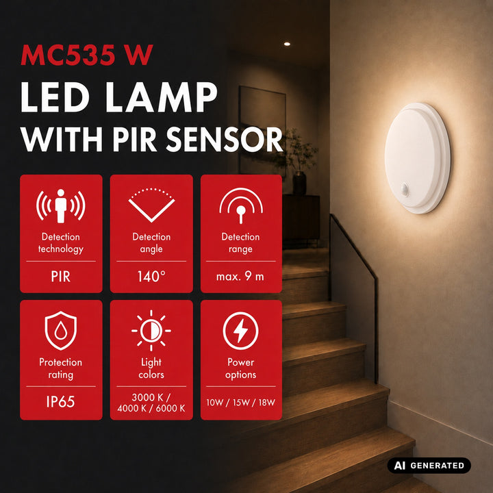 Lampe LED avec détecteur de mouvement Maclean, capteur PIR, blanche, 10 W/15 W/18 W, IP65, couleur réglable 3 000/4 000/6 000 K, MCE535 W