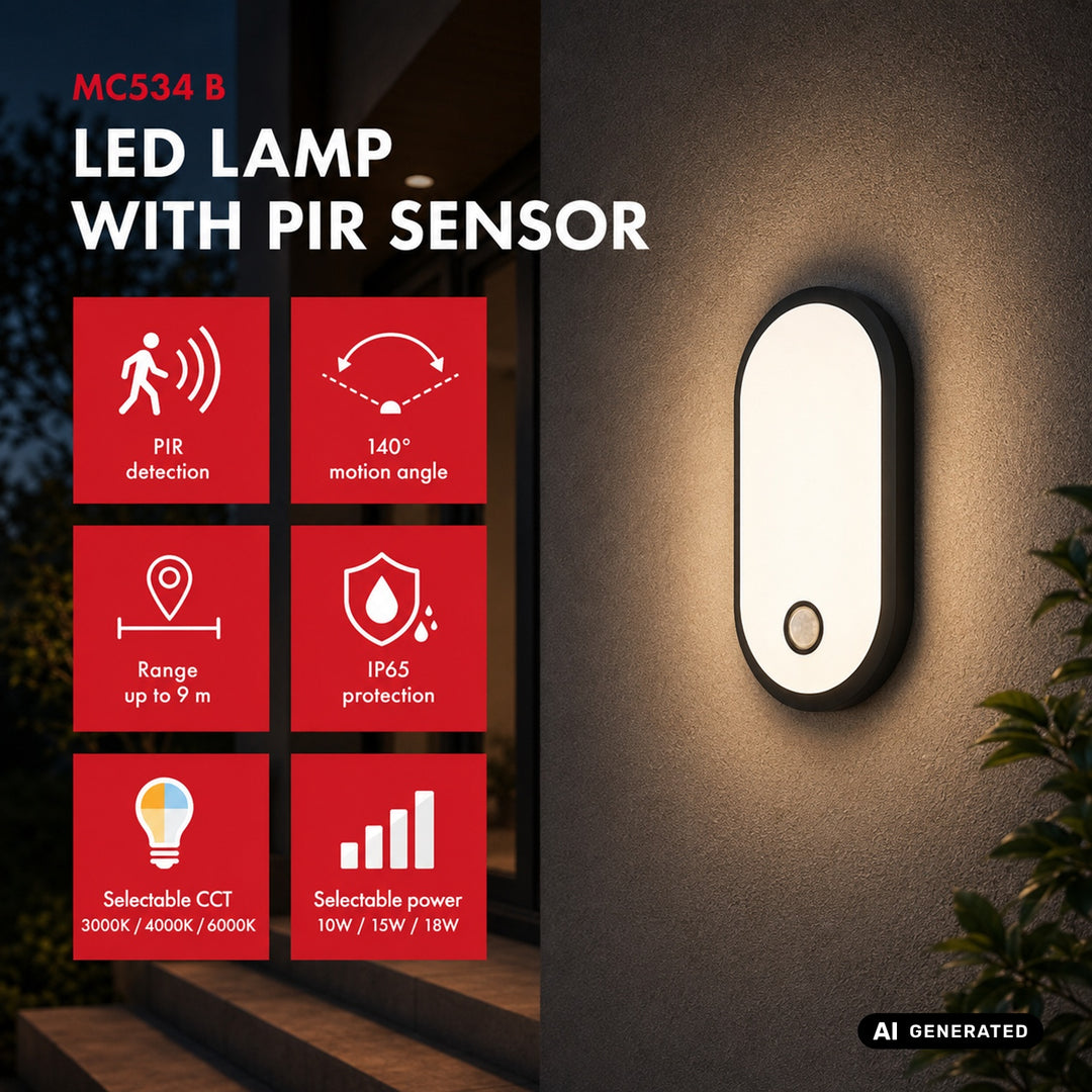 Lampe LED avec détecteur de mouvement Maclean, détecteur PIR, noire, 10 W/15 W/18 W, IP65, couleur réglable 3 000/4 000/6 000 K, MCE534 B
