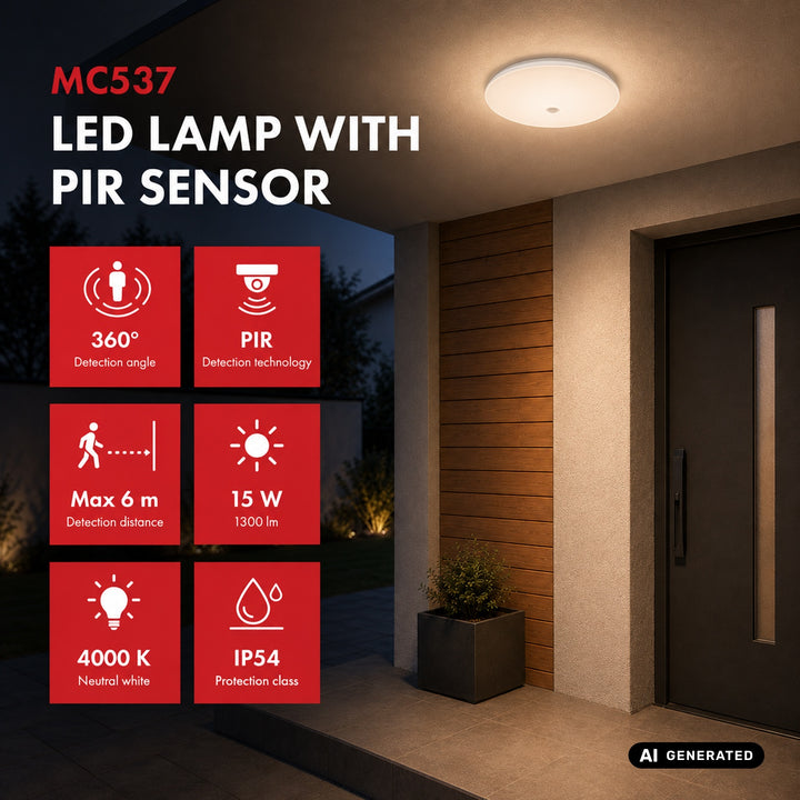 Lampe LED avec détecteur PIR Maclean, à fixer au plafond, 15 W, 1 300 lm, IP54, 220-240 V~ 50/60 Hz, MCE537