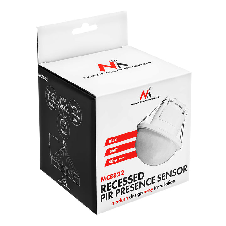 Détecteur de présence PIR Maclean, encastrable, portée 10 x 40 m, 1 000 W/2 000 W, 220-240 V CA, 50/60 Hz, IP54, MCE822