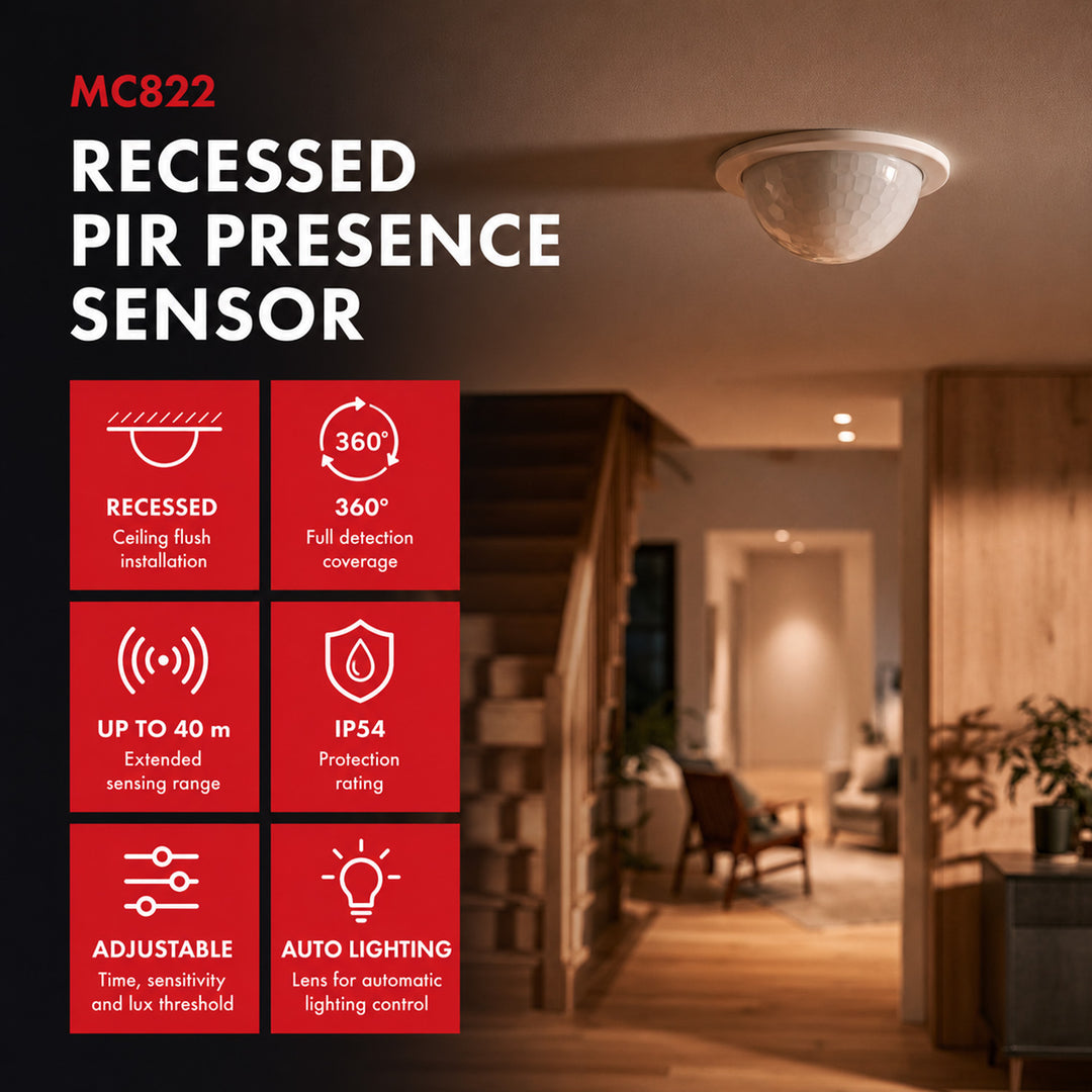Détecteur de présence PIR Maclean, encastrable, portée 10 x 40 m, 1 000 W/2 000 W, 220-240 V CA, 50/60 Hz, IP54, MCE822