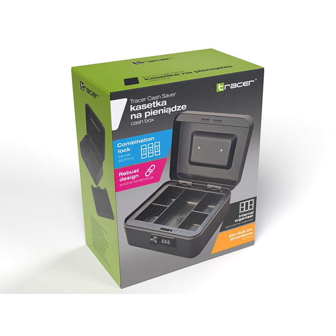 Caisse à monnaie Tracer, poignée de transport, compartiment secret, noire, Cash Saver