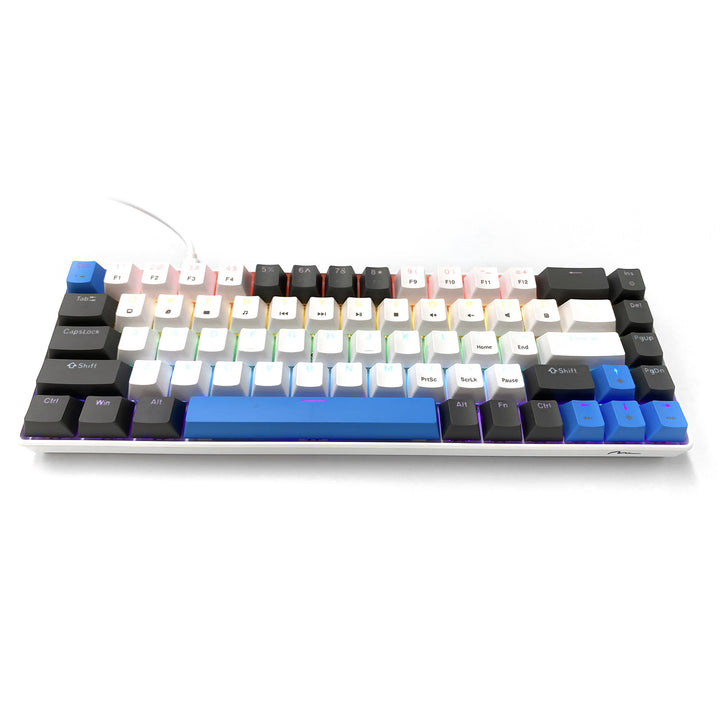 RED CORE MX60 - Clavier mécanique gaming court 60 %, commutateurs mécaniques silencieux RED, rétroéclairage coloré, 68 touches, USB-C. Couleur : blanc/bleu. Mediatech