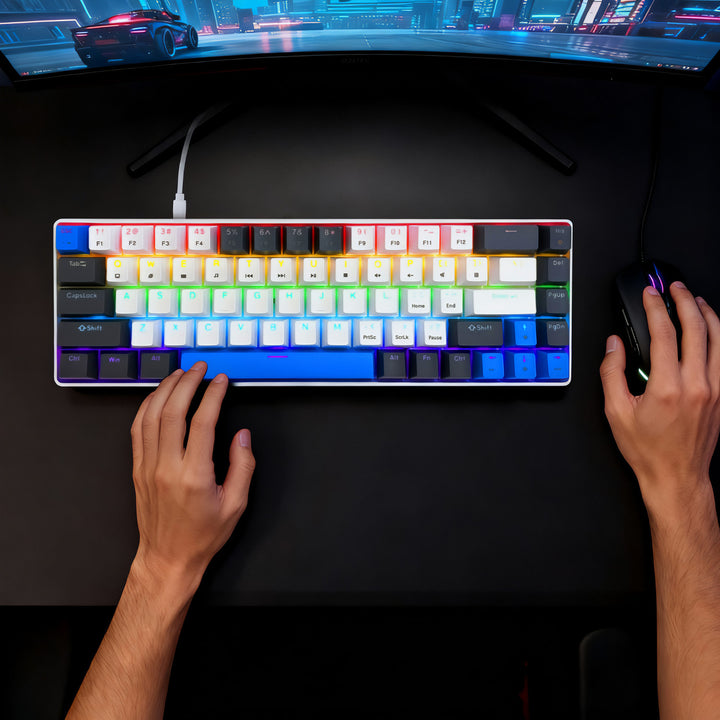 RED CORE MX60 - Clavier mécanique gaming court 60 %, commutateurs mécaniques silencieux RED, rétroéclairage coloré, 68 touches, USB-C. Couleur : blanc/bleu. Mediatech