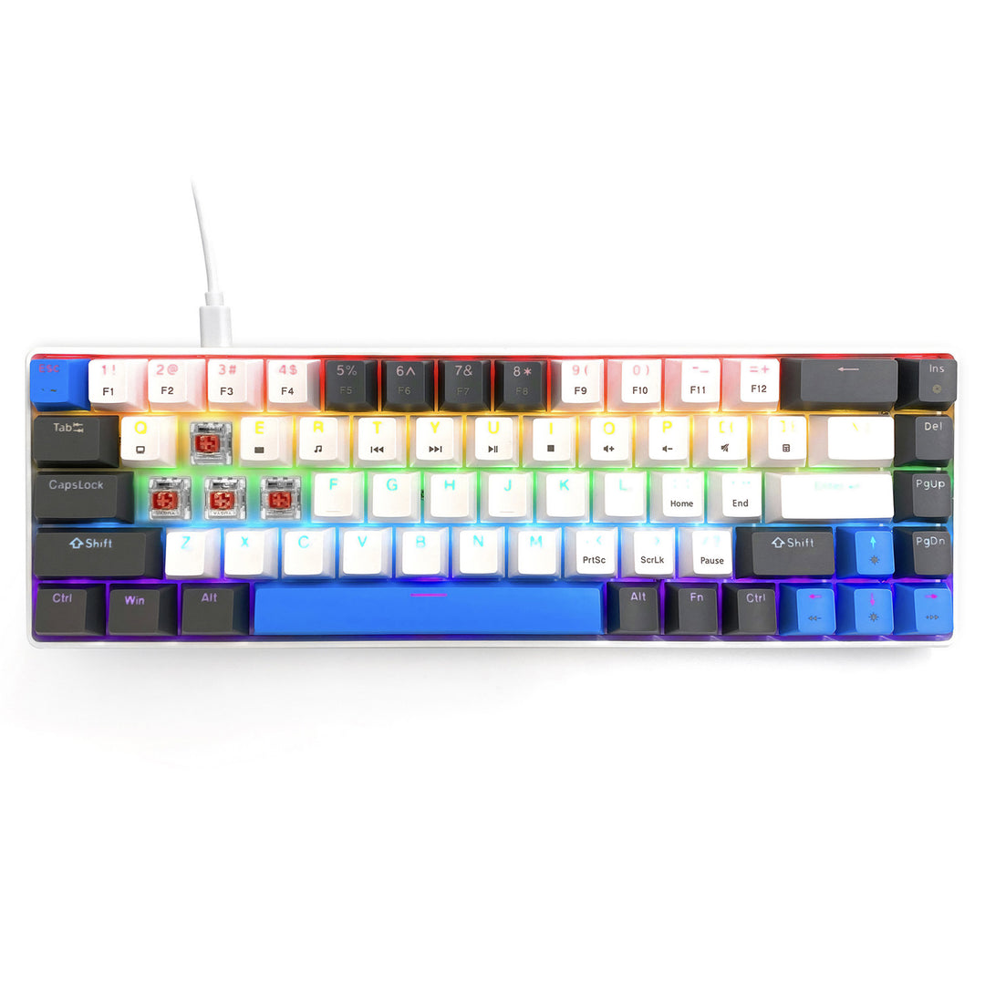 RED CORE MX60 - Clavier mécanique gaming court 60 %, commutateurs mécaniques silencieux RED, rétroéclairage coloré, 68 touches, USB-C. Couleur : blanc/bleu. Mediatech
