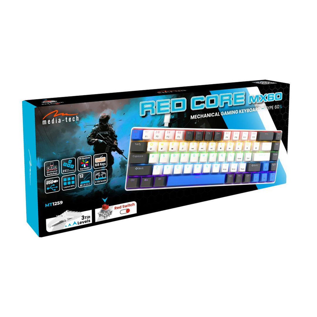 RED CORE MX60 - Clavier mécanique gaming court 60 %, commutateurs mécaniques silencieux RED, rétroéclairage coloré, 68 touches, USB-C. Couleur : blanc/bleu. Mediatech