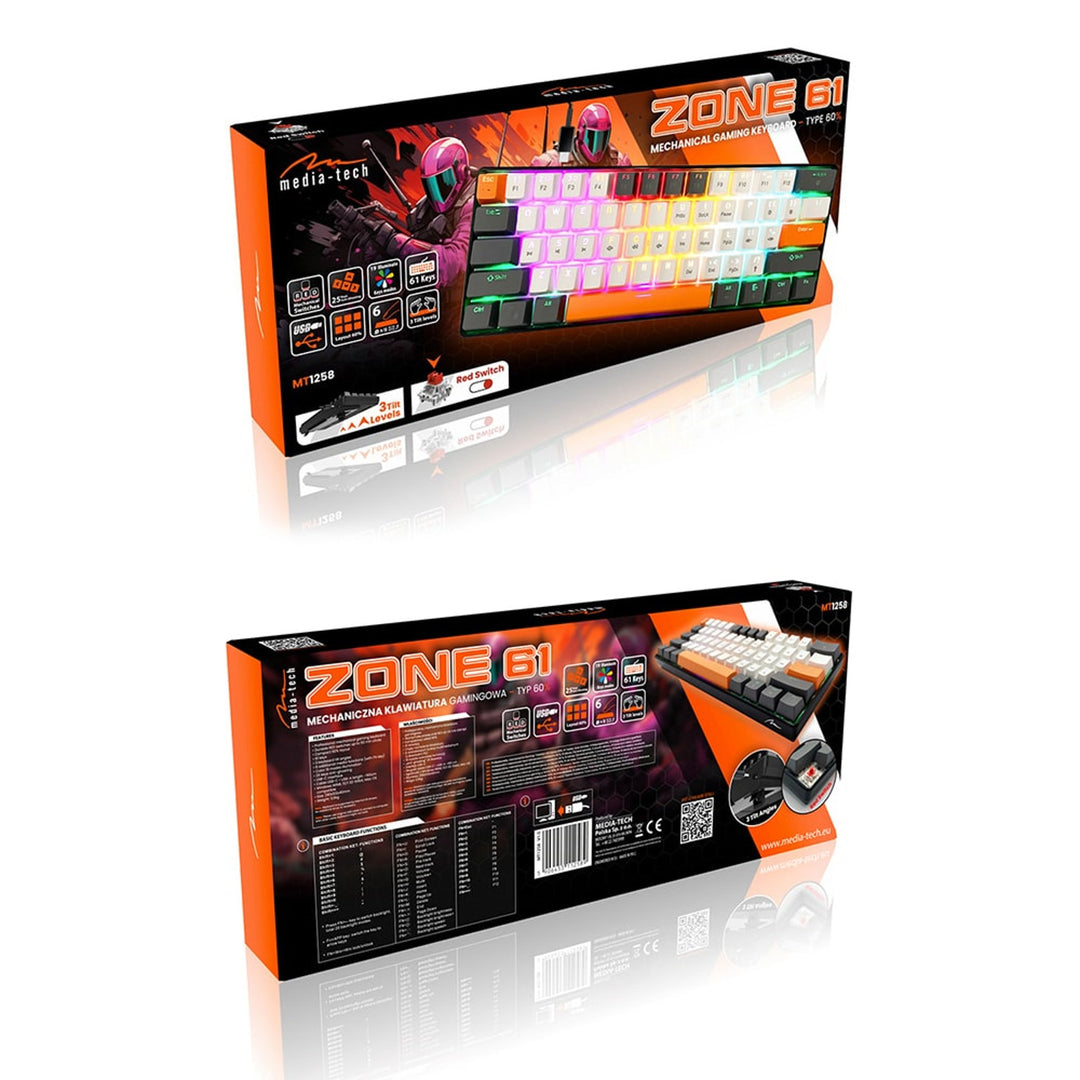 ZONE 61 - Clavier mécanique gaming court 60 %, commutateurs mécaniques silencieux RED, rétroéclairage coloré, 61 touches, USB-C, Mediatech