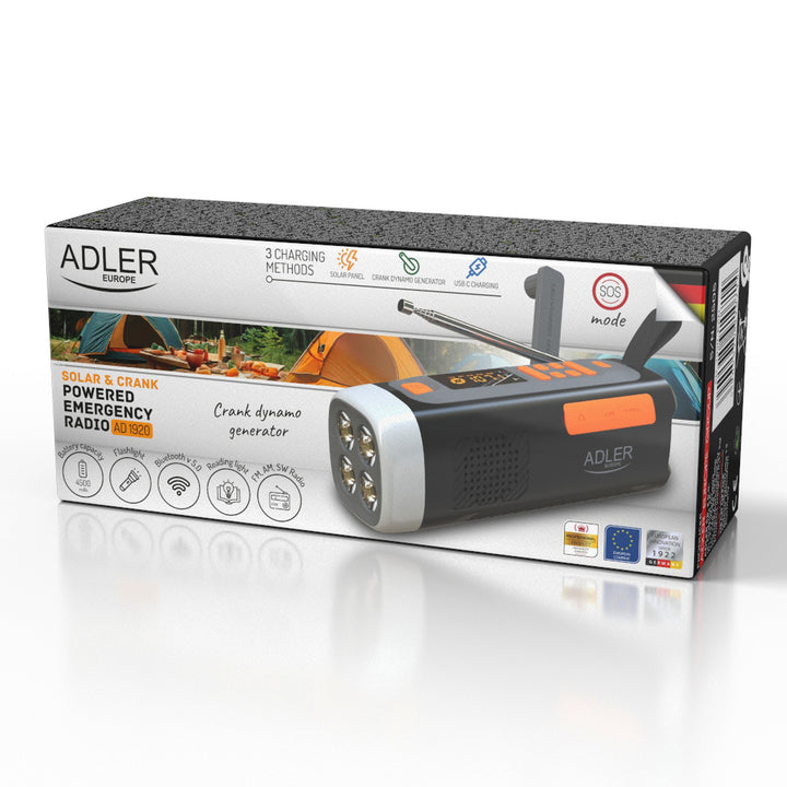 Radio d'urgence Adler, avec panneau solaire, manivelle et batterie externe, Bluetooth 5.0, lampe torche LED 4 W, 4500 mAh, AD 1920