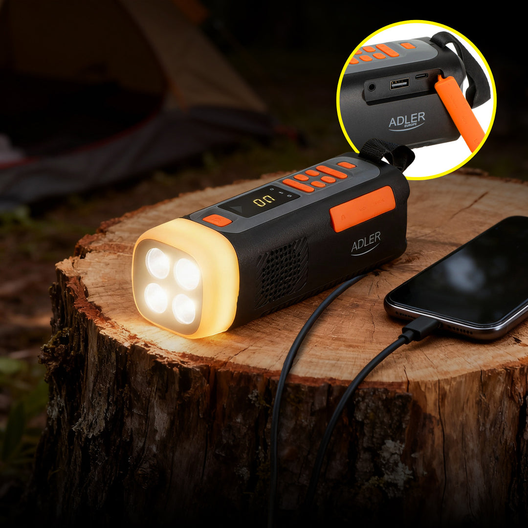 Radio d'urgence Adler, avec panneau solaire, manivelle et batterie externe, Bluetooth 5.0, lampe torche LED 4 W, 4500 mAh, AD 1920