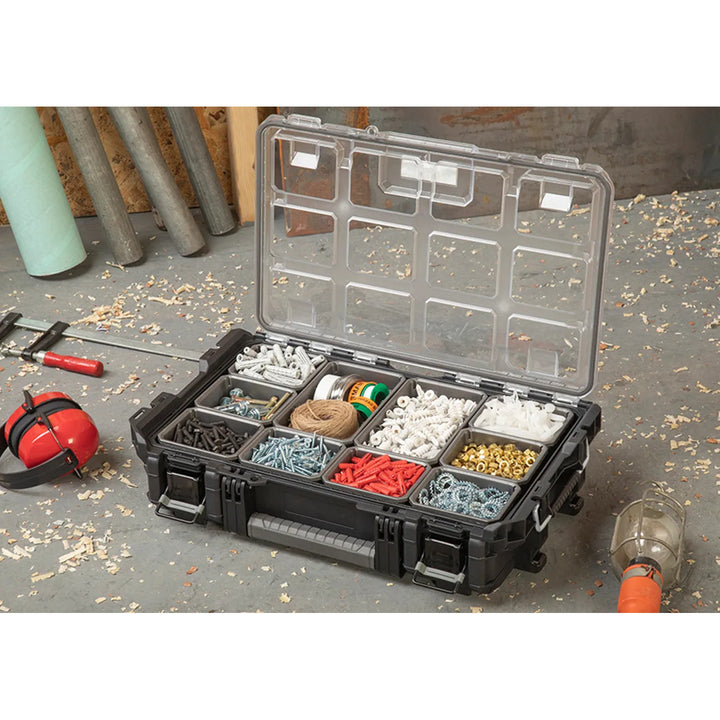 Rangement à outils Keter ROC Pro Gear 1.0, capacité de plus de 13 litres, couvercle transparent et résistant, joint d'étanchéité protégeant de la poussière et de l'eau, loquets métalliques, 257190