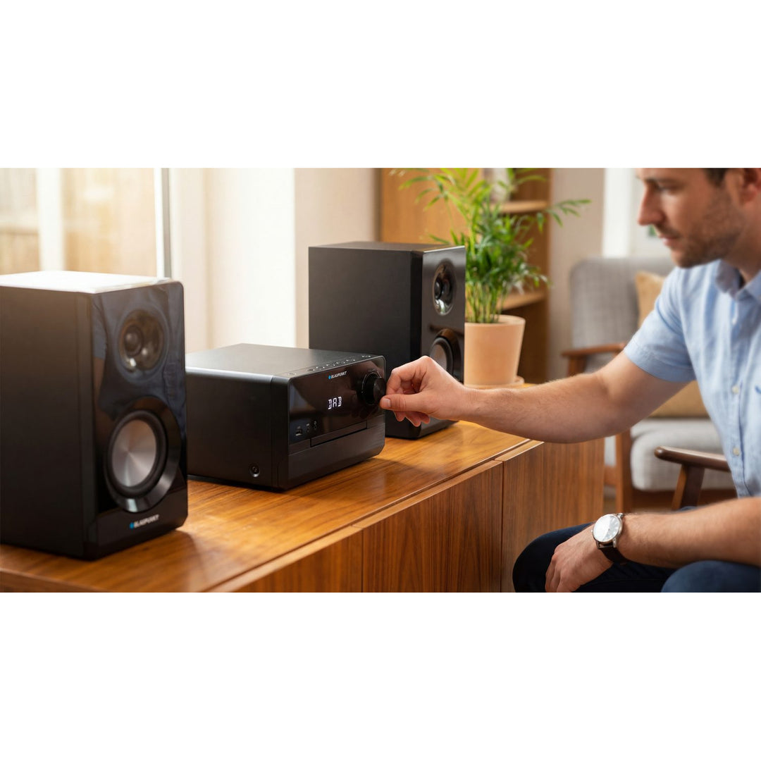 Microchaîne Blaupunkt, puissance 100 W RMS, tuner DAB+, écran LED, radio FM, antenne télescopique incluse, connecteur HDMI ARC, CD/MP3/USB/BT, horloge avec fonction alarme, MS49DAB