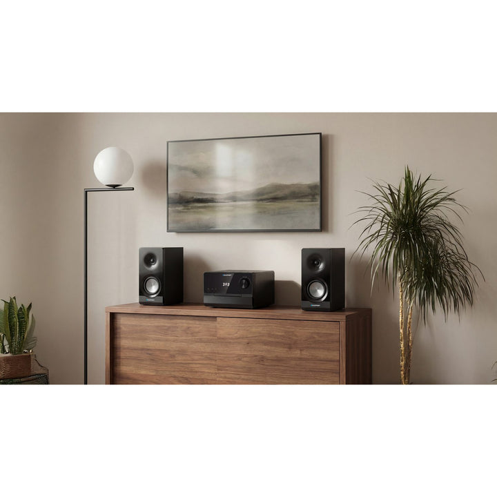 Microchaîne Blaupunkt, puissance 100 W RMS, tuner DAB+, écran LED, radio FM, antenne télescopique incluse, connecteur HDMI ARC, CD/MP3/USB/BT, horloge avec fonction alarme, MS49DAB