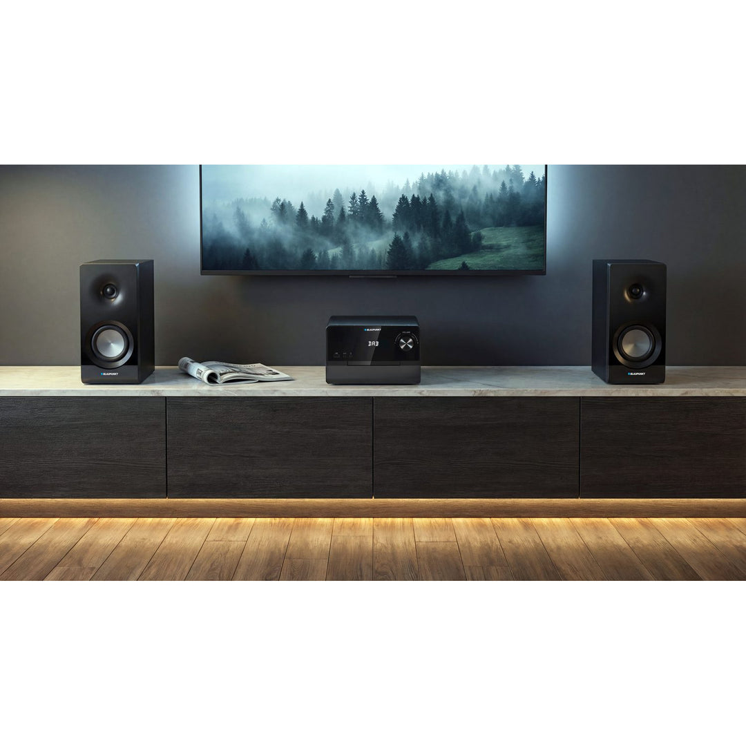 Microchaîne Blaupunkt, puissance 100 W RMS, tuner DAB+, écran LED, radio FM, antenne télescopique incluse, connecteur HDMI ARC, CD/MP3/USB/BT, horloge avec fonction alarme, MS49DAB