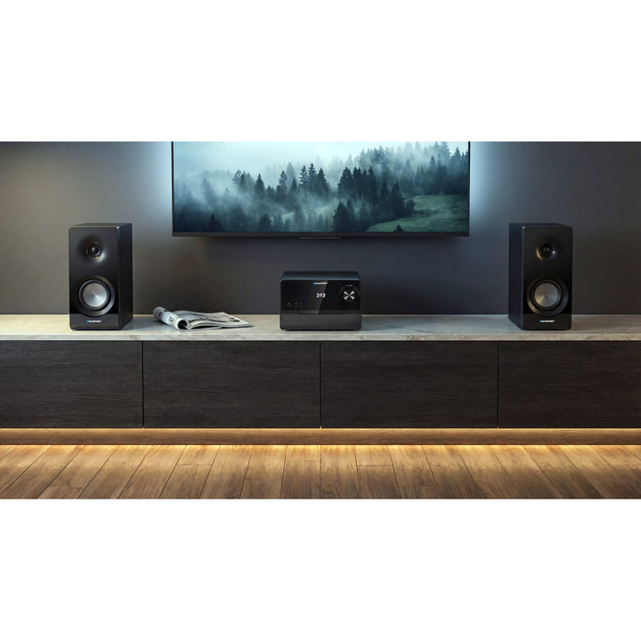 Microchaîne Blaupunkt, puissance 100 W RMS, tuner DAB+, écran LED, radio FM, antenne télescopique incluse, connecteur HDMI ARC, CD/MP3/USB/BT, horloge avec fonction alarme, MS49DAB